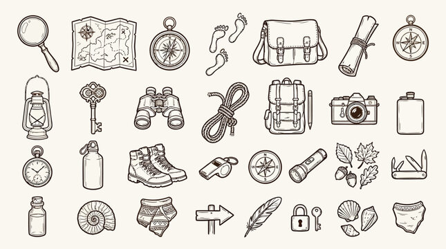 A collection of hand-drawn adventure and exploration icons, including maps, compasses, binoculars, and camping gear, presented in a vintage sketch style.