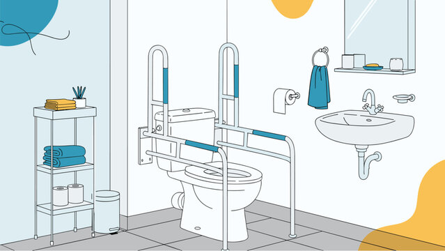 Modern accessible bathroom interior featuring a toilet with safety handrails and a sink designed for elderly or disabled users.