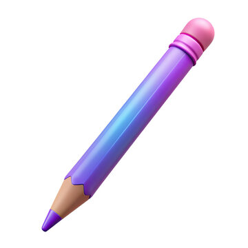 Vibrant 3d purple gradient pencil with tip and pink eraser isolated on transparent background.