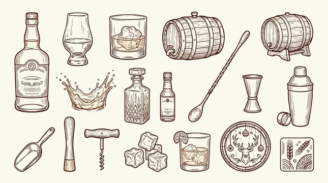 A comprehensive collection of vintage-style illustrations depicting various elements related to whiskey, including bottles, glasses, barrels, and bar tools.