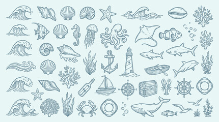 Fototapeta premium A comprehensive collection of hand-drawn nautical and marine life illustrations, featuring waves, shells, sea creatures, and maritime objects.