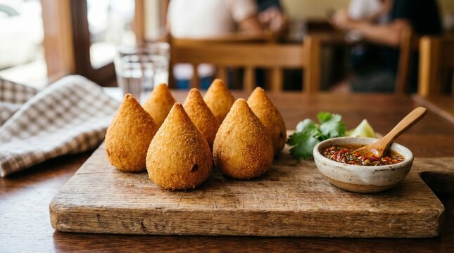Crispy golden coxinhas served on wooden board with dipping sauce  