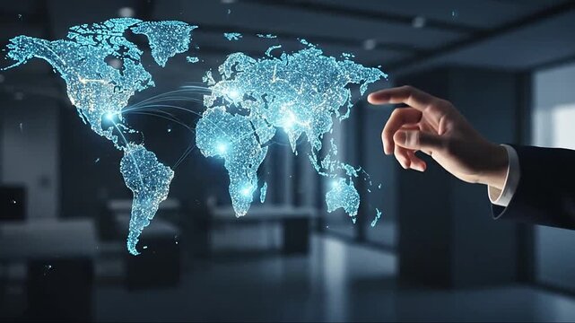 Businessman points at illuminated global network map in modern office