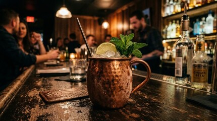 Fototapeta premium Copper mug cocktail with mint and lime on bar counter in pub 