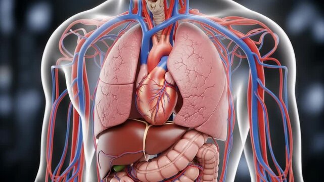 Detailed 3D Rendering of Human Torso Organs and Circulatory System