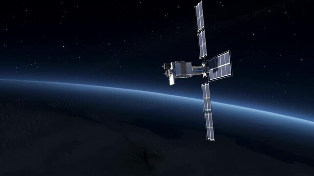 Orbiting Satellite in Space: A Stunning View of Advanced Technology Hovering Above Earth with Solar Panels Glimmering Against the Celestial Backdrop