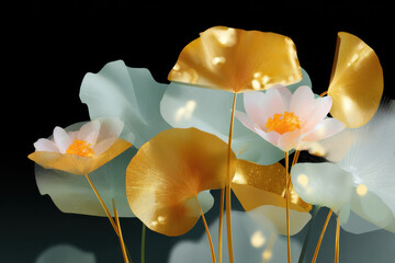 Golden lotus flowers and delicate leaves glistening against a dark background, embodying luxury and elegance
