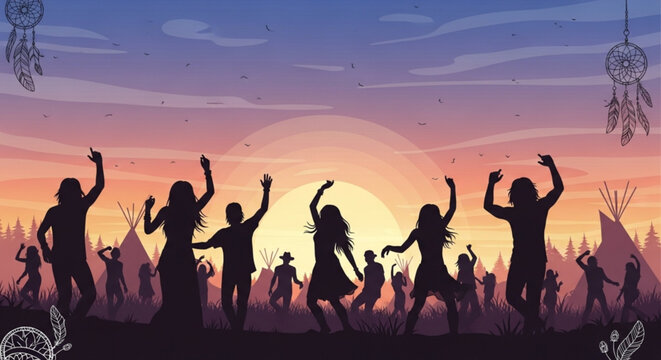 People dancing in silhouette at sunset festival with dreamcatchers and teepees