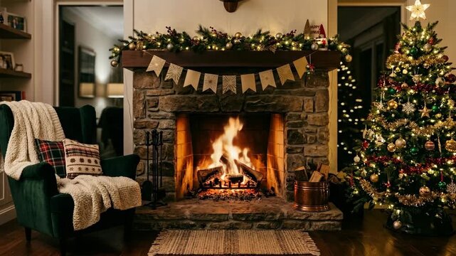 Cozy winter living room with a roaring fireplace and decorated Christmas tree