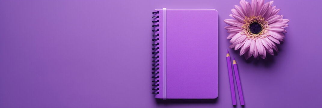 A purple notebook lies next to a flower and colored pencils on a purple surface Generative AI