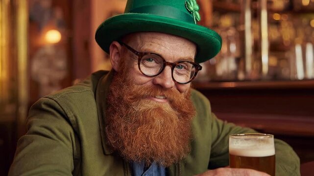 Bearded man in green hat drinking beer in cozy pub capturing St. Patrick's day festive mood culture and traditional lifestyle with warm light and friendly expression in bar interior