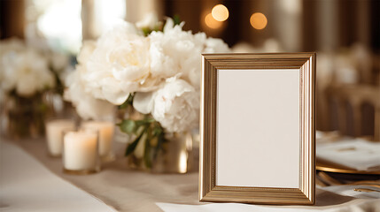 Obraz premium Elegant table setting with a blank gold frame, white floral decoration, and glowing candles, perfect for event mockups and luxury presentations