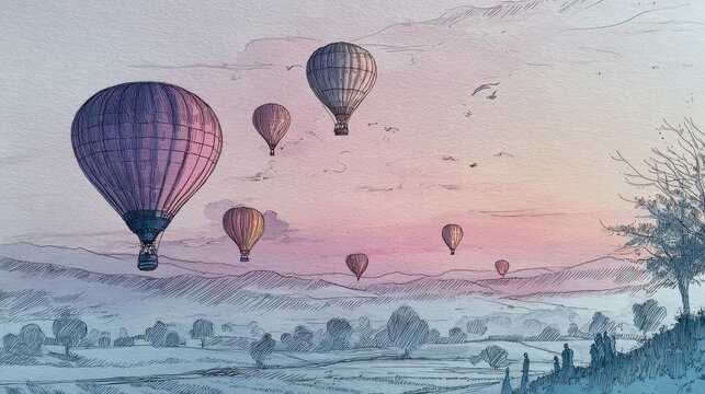 Pencil sketch of an early morning hot air balloon launch over a quiet valley
