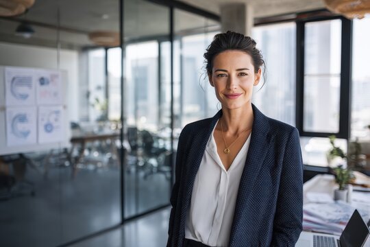 Poised woman manager exuding leadership inside a glass-walled corporate office