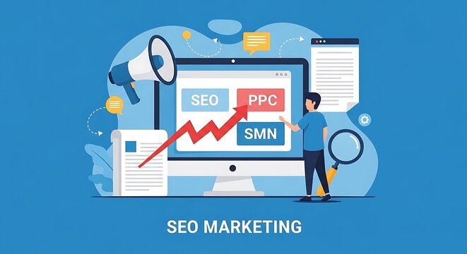 Person standing next to computer screen displaying SEO PPC SMN with megaphone and magnifying glass