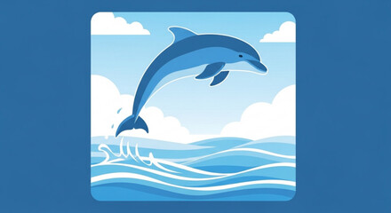 Naklejka premium Dolphin jumping out of ocean waves with cloudy sky background aquatic mammal in motion marine life illustration