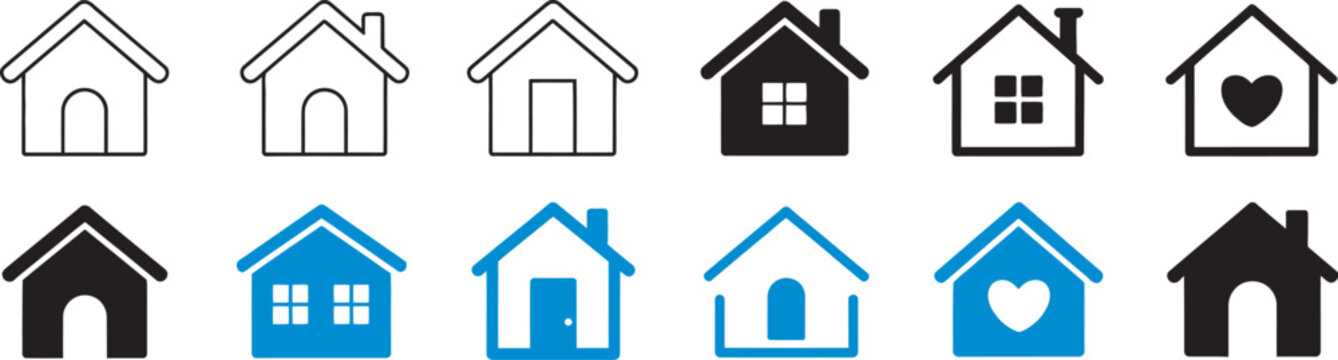 House icon set, simple home symbol, real estate property apps, clean building vector, UI tools modern interface sign, minimal residence concept, buttons menus pictogram