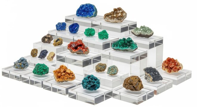 Assortment of Luminous Minerals and Crystals Showcased on Clear Acrylic Display Stands