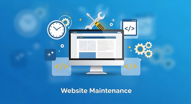 A computer screen displays website maintenance tasks with tools and icons around it on a blue background