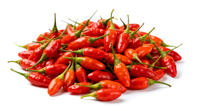 Fresh red bird's eye chili peppers pile on white background. Spicy Thai pepper or Cabe Rawit for hot seasoning and cooking.