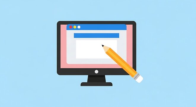 A graphic illustration of a computer monitor with a pencil on screen