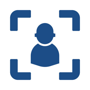 Blue icon representing a human figure centered within a digital camera autofocus frame symbol isolated on transparent background