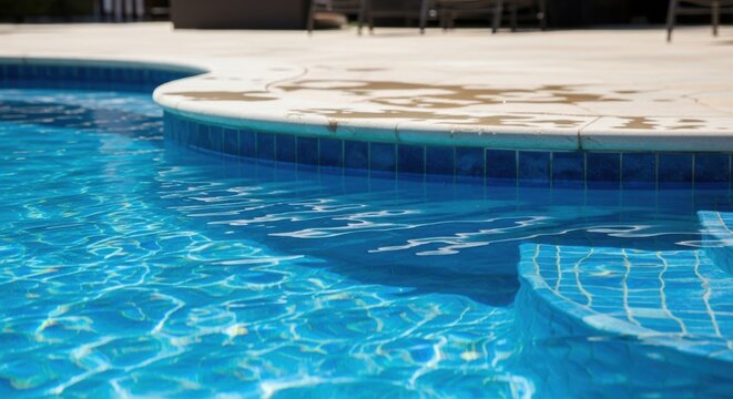 Close Up of Shimmering Blue Backyard Swimming Pool Water and Tiled Edge