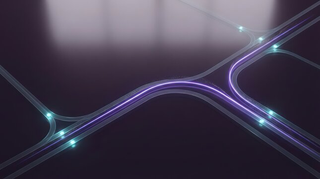 Abstract enterprise data flow background with violet routing stream and cyan junction beacons on dark glass for technology presentation header website hero and report cover