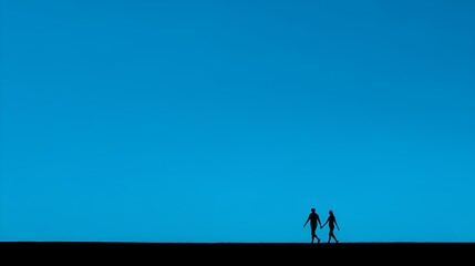 Fototapeta premium Silhouette Couple: Silhouette of a couple walking, holding hand, across the landscape against a captivating blue backdrop. A symbol of unity, companionship, and the shared journey of life. 