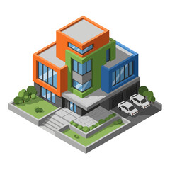 Fototapeta premium A vibrant, modern, multi-story residential house with a striking geometric design, featuring colorful facades and large windows, set in a landscaped garden with a driveway and cars.
