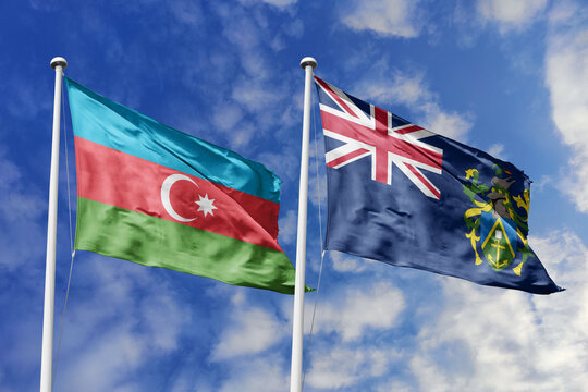 Azerbaijan and Pitcairn Islands flags waving in a clear blue sky symbolizing a powerful diplomacy a strategic partnership, and a shared vision of unity for a sustainable future.