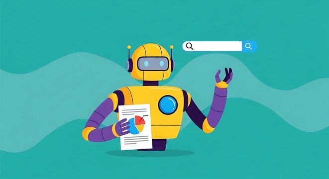 A robot holds a colorful graph and searches online with a magnifying glass.