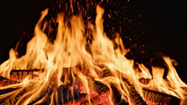 Extreme macro shot of burning flames in ultra slow motion (240fps, 8x slow), capturing intricate flame patterns, fluid motion of fire waves, glowing embers drifting in air, pitch-black background