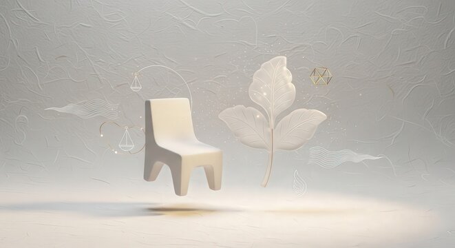 Macro White Jade Leaf and Ceramic Chair on Washi Paper &ndash; Conceptual Zen Interior Design, Biophilic Wellness, and Luxury Minimalism Still Life