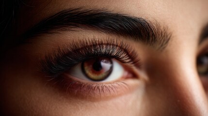 Fototapeta premium A close view of an enchanting eye reveals dramatic eyelashes and a rich brown hue. The gentle sunlight enhances the beauty of this serene moment, capturing a sense of calm
