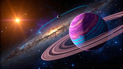 Naklejka premium Planet with rings and nearby star in outer space at night with galaxies in the background
