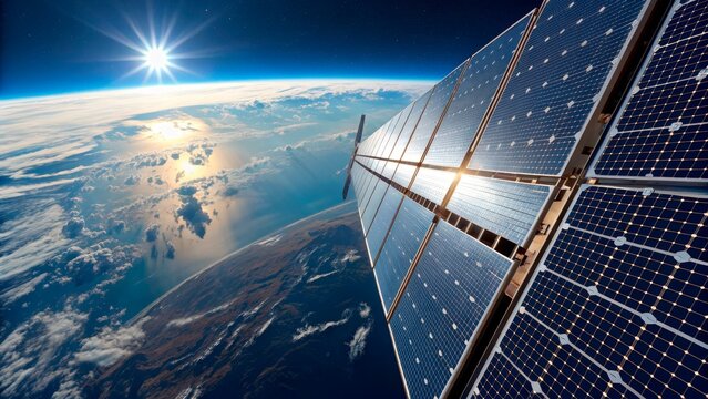 View of Earth from space with solar panels and sunlight reflecting on the ocean