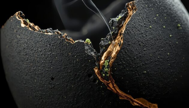 Extreme macro of Japanese Kintsugi art, broken black ceramic bowl repaired with gold lacquer, Wabi-Sabi heritage concept with moss and smoke.