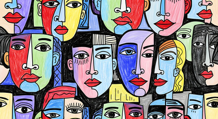 Obraz premium A vibrant and diverse crowd of colorful faces in a modern art style