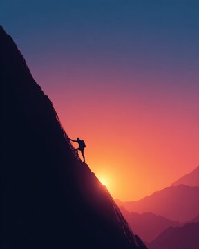 Inspirational business concept: Lone climber silhouette scaling a steep mountain at dawn, symbolizing perseverance, overcoming challenges, and the journey to reach goals.