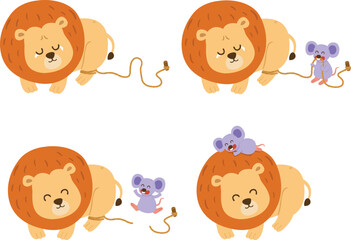 Fototapeta premium Cute Lion And Mouse Set Isolated Illustration