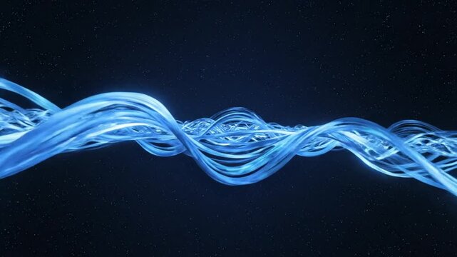 Abstract flowing blue light trails weaving through space with a starlit background