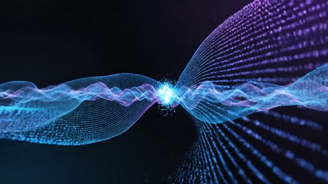 Abstract digital landscape of flowing particles with light explosion effect for science background.