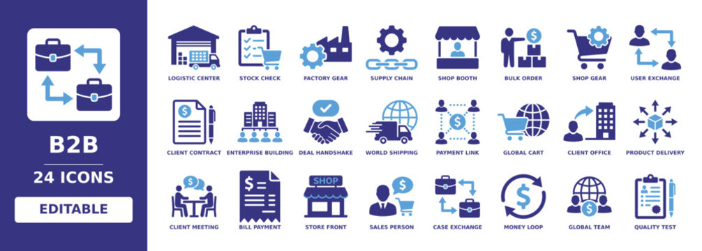 b2b solid vector glyph icon set featuring logistic center, supply chain, bulk order, client contract, deal handshake, product delivery, global cart, client meeting and enterprise building