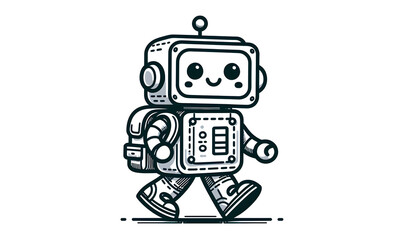 Naklejka premium A cute robot going to school with a small backpack, walking happily, perfect for kids coloring books or printables.