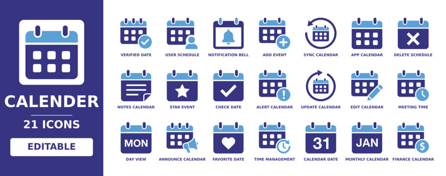 calender solid vector glyph icon set with verified date, user schedule, notification bell, sync calendar, app calendar, meeting time, day view, monthly calendar and time management