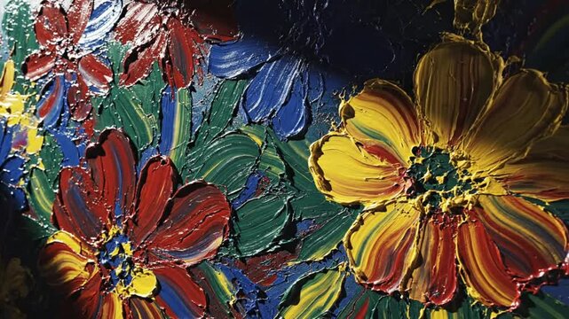 Close-up of vibrant impasto floral artwork with textured thick paint and a dark background