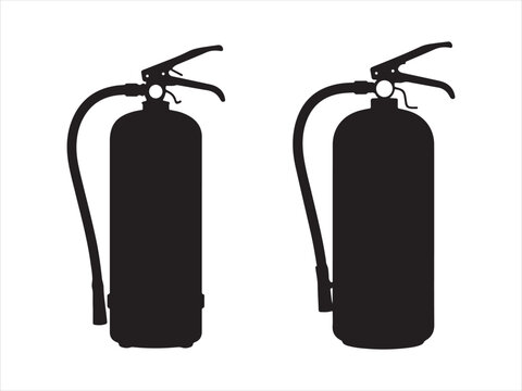 Two ire extinguisher silhouette icons, Black silhouette fire extinguisher vector icons, safety emergency equipment icon illustration
