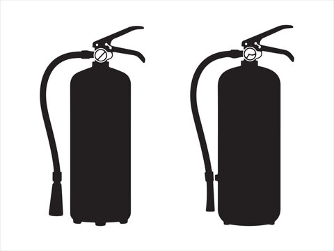 Two ire extinguisher silhouette icons, Black silhouette fire extinguisher vector icons, safety emergency equipment icon illustration
