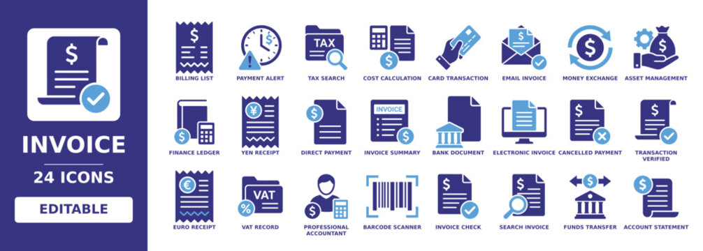invoice icon set featuring billing list, payment alert, tax search, money exchange, asset management, electronic invoice, vat record, funds transfer and bank document